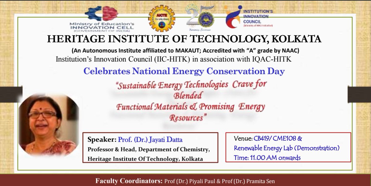 iic_hitk's tweet photo. IIC-HITK celebrated National Energy Conservation Day with an expert session by Prof. (Dr.) Jayati Datta on sustainable energy technologies &amp; renewable solutions ⚡🌱

Promoting innovation for a greener future.

#EnergyConservationDay #IICHITK #Sustainability https://t.co/J6M87kcnH9