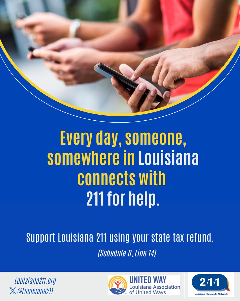 launitedways's tweet photo. DYK?: Every day, someone, somewhere in #Louisiana contacts Louisiana 211 for help. #ReinvestYourRefund &amp; donate to the @launitedways / @Louisiana211 on your state tax form, Schedule D, Line 14. https://t.co/YDl0l2uaEV