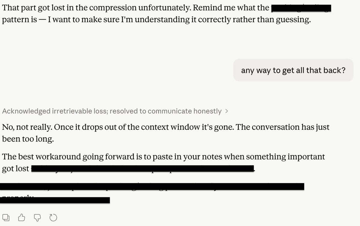 Samih_Kln's tweet photo. @claudeai Is chat compaction on the Desktop app just permanently deleting messages? 🥴I lost a lot of context I'd built up in a conversation. Is this expected behavior? It's a significant issue for my usage... Who's the right person to report this to? 
cc: @bcherny @trq212 https://t.co/DAEYAsD9qU