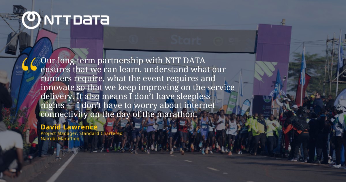 NTTDATAMEA's tweet image. At the Standard Chartered Nairobi Marathon, 30,000+ runners rely on seamless #Connectivity. With NTT DATA, the race becomes a “digital city” powering real-time results and live coverage. See how #SportingEvents deliver better #DigitalExperience: services.global.ntt/en-us/about-us… #casestudy