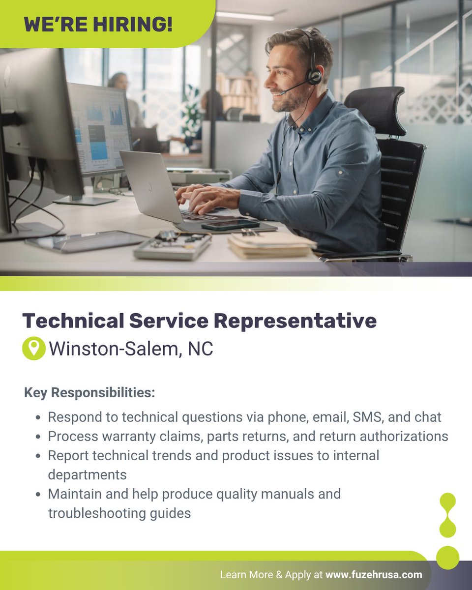 FuzehrUSA's tweet image. Fuze HR is recruiting! Technical Service Representative – Winston-Salem, NC

Apply today! Click here to learn more: ow.ly/4o8750YFIZv

#TechnicalService #CustomerSupport #FuzeHR #WinstonSalemJobs #FullTime #HVAC #USA #NorthCArolina
