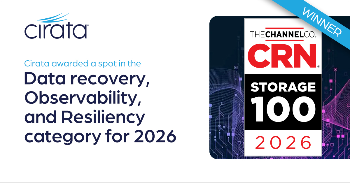 CirataData's tweet image. Honored to share that Cirata has been awarded a spot in CRN 2026 Storage 100 vendor awards, landing a win in the Data recovery, Observability, and Resiliency category.

crn.com/news/storage/2…

 #CRNAwards2026 #datarecovery #resiliency #CRN2026
