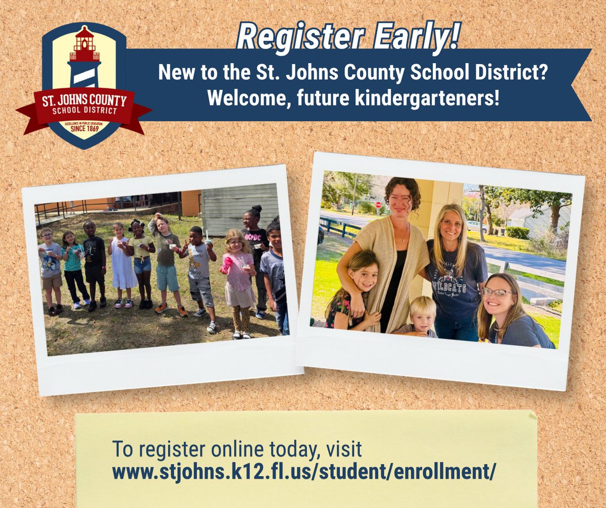 SJCSD's tweet photo. New to the St. Johns County School District? Welcome, future kindergarteners! Kindergarten is the beginning of an exciting learning journey, and registering early helps schools prepare for every new student walking through the doors this fall.💙To register your child for kindergarten, visit the SJCSD registration page: https://t.co/EAo02VWNSO.