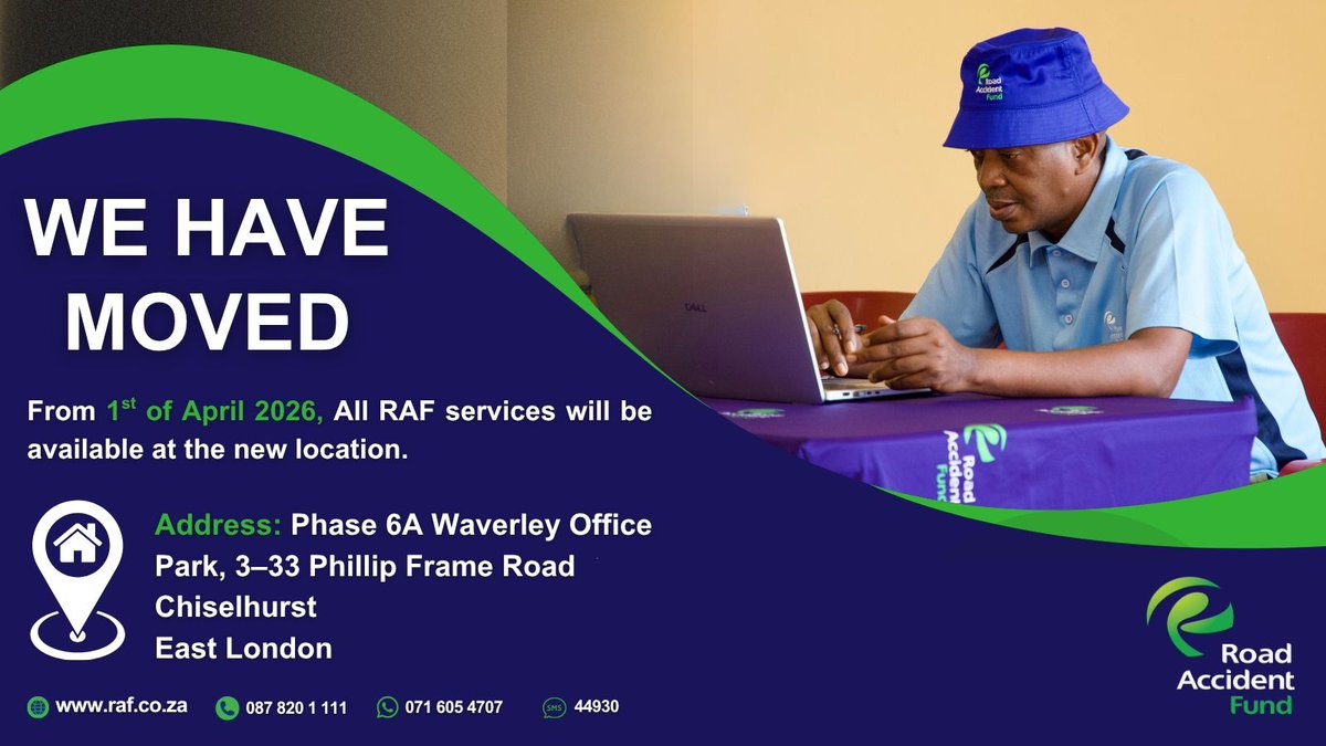 RAF_SA's tweet image. 📍 We’ve moved!

From 1 April 2026, all Road Accident Fund services in East London will be available at our new location.

📌 Phase 6A Waverley Office Park, 3–33 Phillip Frame Rd, Chiselhurst

We’re here to assist you. #RAF #ServiceUpdate #EastLondon