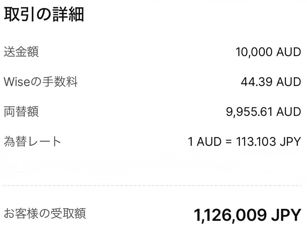 また豪ドルが113円を超えてたのでwise で両替した。
10,000ドルが1,126,000円になった！
今までで一番レートがいい！🙌

ワーホリの人も銀行の海外送金や現金の両替はレートが悪いからwise使った方がいいよ！