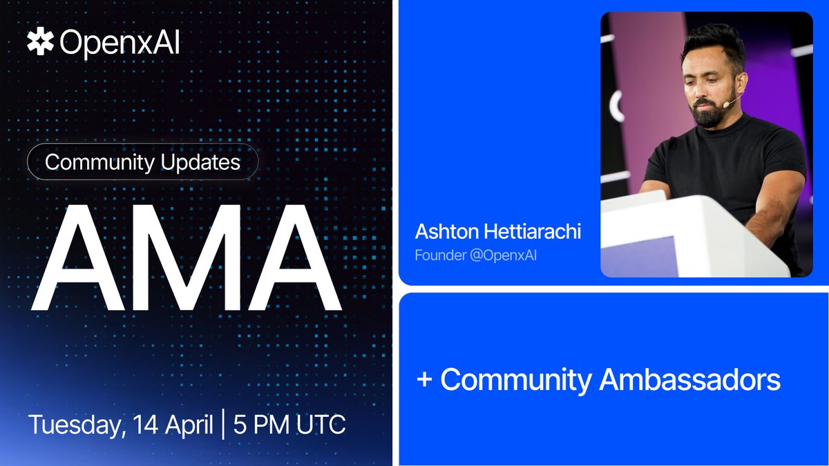 Weekly AMA | Today at 5PM UTC

Tune in for the latest OpenxAI technical updates and a live Q&amp;A session. Join the conversation to hear what the team has been working on this week.

🔗 Join: x.com/i/spaces/1qGvv…