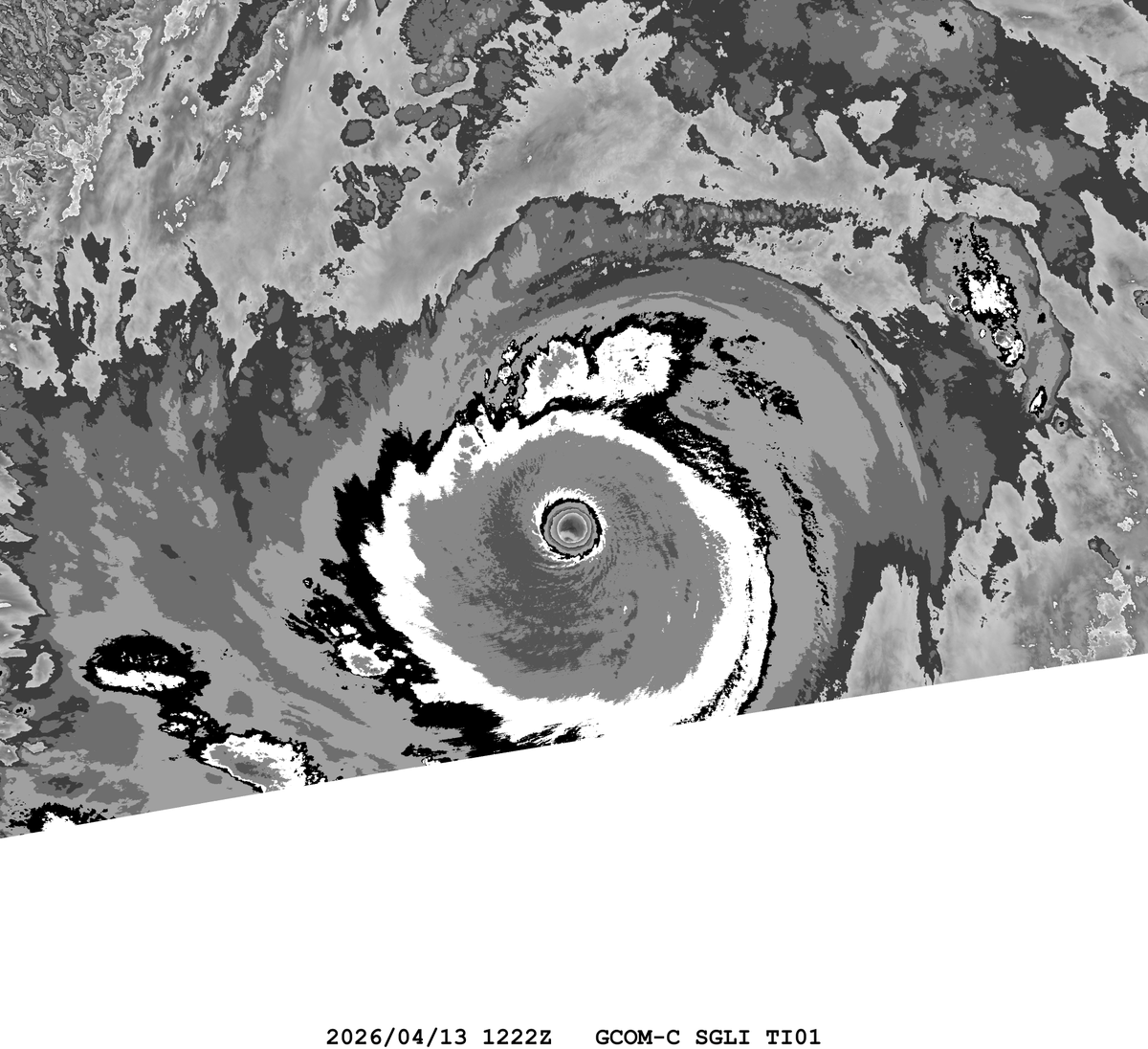 zeb199818's tweet photo. #04W Typhoon #SINLAKU
Satellite: #GCOMC #SGLI
Channel : T1 (10.8 µm) 250-m
Time : 2026/04/13 1222Z
Eye Temp : 24.17 °C
Data Source : JAXA G-Portal L1B
CPA : ~150 km https://t.co/vhrw4aGBnZ