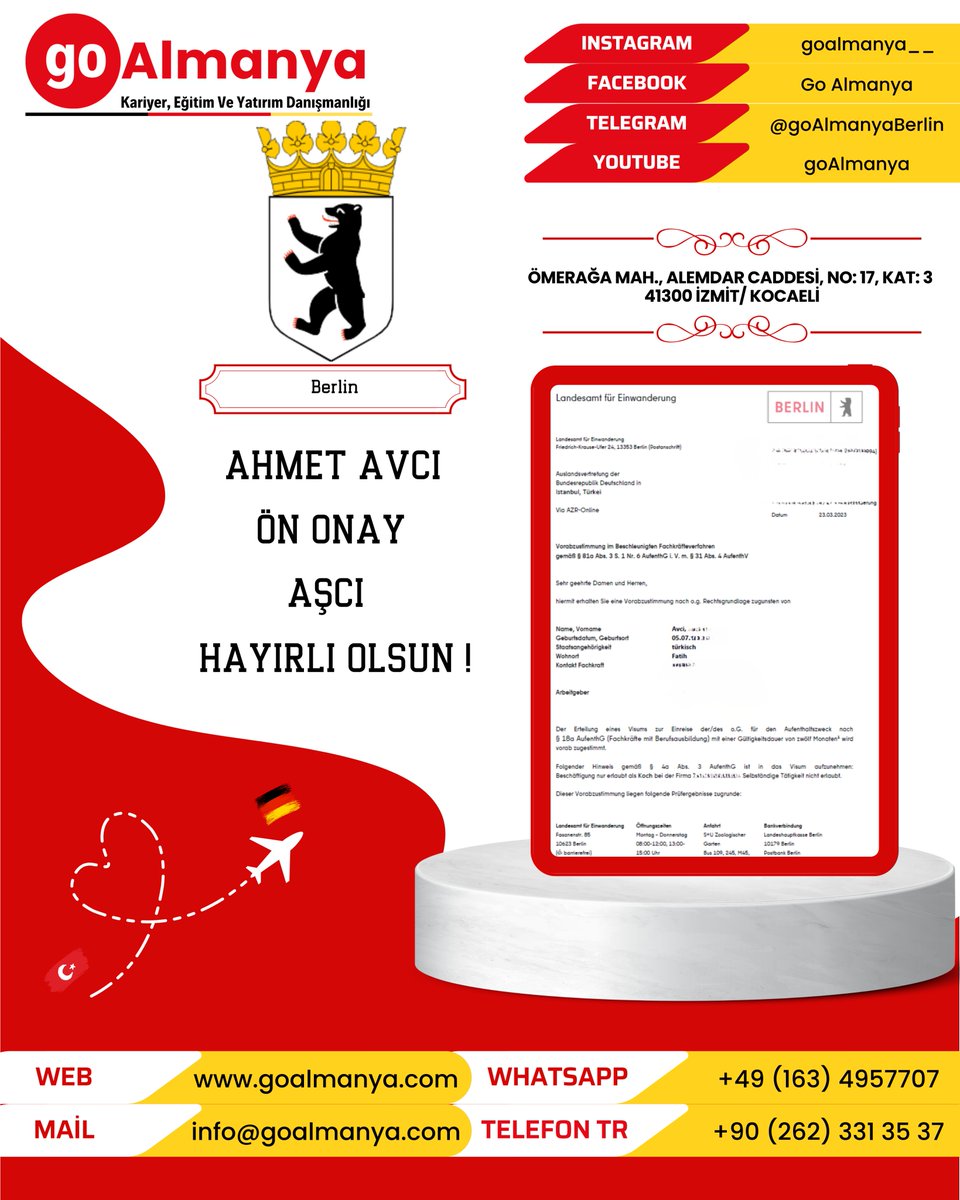 goAlmanya_'s tweet photo. 🇹🇷🇩🇪🎉go Almanya olarak, Aşcı pozisyonunda çalışacak Ahmet Avcı beyin ön onayını aldık.
🟢WhatsApp: +49 163 4957707
🔵Facebook: Go Almanya
🟣Instagram: goalmanya__
 #göç  #bluecard  #almanyacalisma  #vize  #denklik  #iş #almanyayaşam #AlmanyaDenklik #yurtdışıiş #yurtdışı #almanya https://t.co/KrebzLRwBp