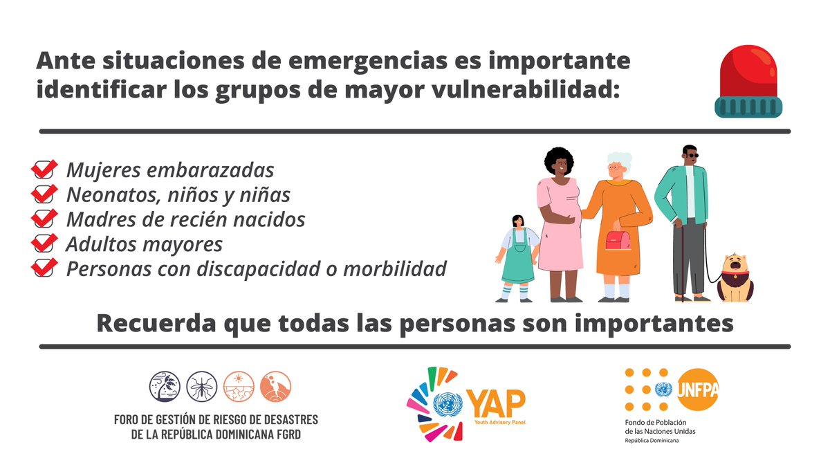 UNFPA_RD's tweet photo. ⚠️ Ante situaciones de emergencia por lluvias:
1️⃣ Identifica grupos vulnerables.
2️⃣ Prioriza su evacuación o asistencia.
3️⃣ Mantente informado por canales oficiales.
Recuerda: todas las personas son importantes🧡
#UNFPARD
#GestiónDeRiesgos https://t.co/yeKXbfhEnG