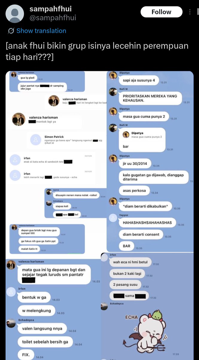 Leobebbe's tweet photo. UI dengan kasus pelecehan seksual di grup WA.
ITB dengan lagu himpunan yang amat sangat seksis sekali.
Keduanya adalah langganan TOP 10 dan bahkan TOP 5 universitas terbaik di Indonesia.

Siapa orang tua yang gak mau masukin anaknya ke kampus terbaik?
Siapa anak yang gamau daftar ke kampus terbaik?
Ironisnya kedua kampus ini sedang terjadi kasus pelecehan semacam ini. Lingkungan kampusnya bahkan sudah membentuk budaya semacam itu.

Di tiktok bahkan ada yang sampe keceplosan soal IKASTARA (Ikatan Alumni SMA Taruna Nusantara). SMA dengan pendidikan karakter yang khusus.

Belum lagi untuk FHUI masih harus memproses kasus taraf Internasional oleh Irawati Puteri yang menipu banyak sekali orang.