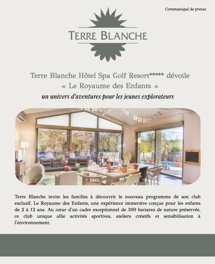 LMEDIAS's tweet photo. Terre Blanche Hôtel Spa Golf Resort*****dévoile « Le Royaume des Enfants » un univers d’aventures pour les jeunes explorateurs https://t.co/dMdU7SfFs8 https://t.co/E6noKgw3j8