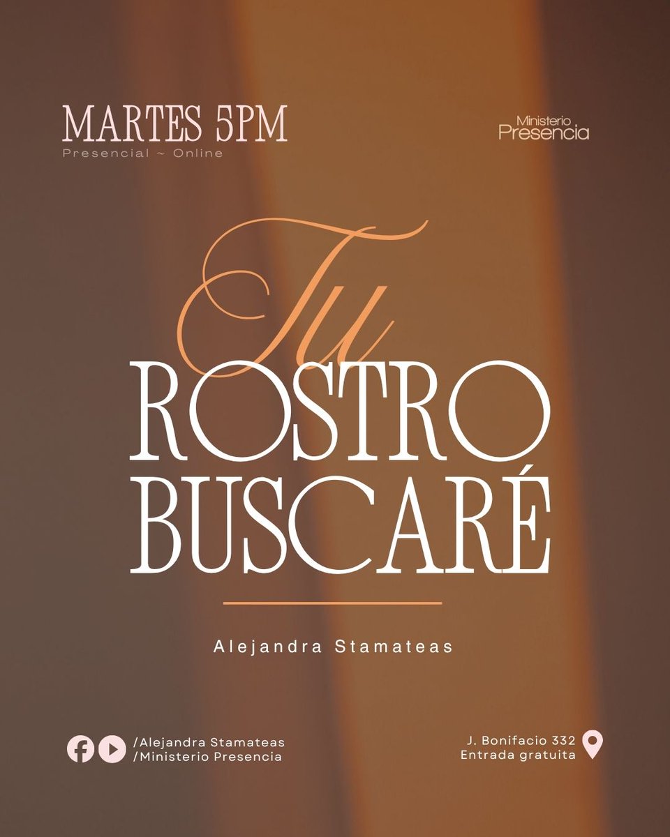 AlejandraStamat's tweet image. Martes en Presencia - Hoy 5 pm.
“Tu rostro buscaré”
📍PRESENCIAL:
✔️José Bonifacio 332 - Beauchef 834 - CABA
🌎 #ONLINE:
✔️ YouTube y Facebook: Alejandra Stamateas y Ministerio Presencia Online

#charlasespirituales
#charlasonline
#charlaspresenciales