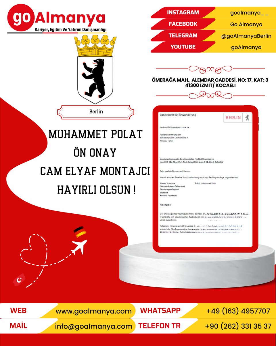goAlmanya_'s tweet photo. 🇹🇷🇩🇪🎉go Almanya olarak, Cam Elyaf Montajcısı pozisyonunda çalışacak Muhammet Fatih Polat beyin ön onayını aldık.
🟢WhatsApp: +49 163 4957707
🔵Facebook: Go Almanya
🟣Instagram: goalmanya__
 #göç  #bluecard  #almanyacalisma  #vize  #denklik  #iş #almanyayaşam #AlmanyaDenklik https://t.co/8zIMzbxXke