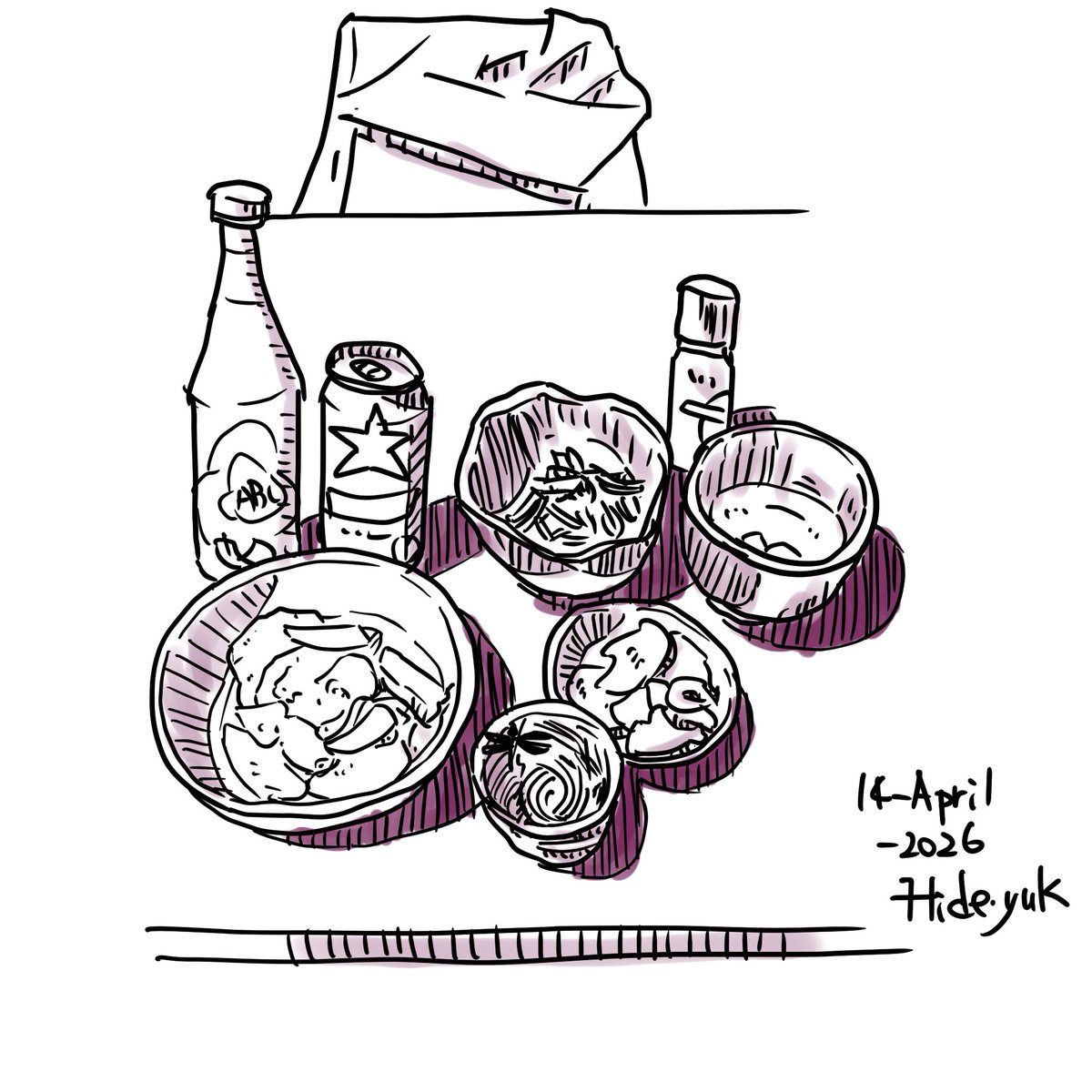 hidebosan's tweet image. latihan. makan malam pada hari ini. 今日の夕食。 #sketsapen #pensketch  #sketch #clipstudio #makanan