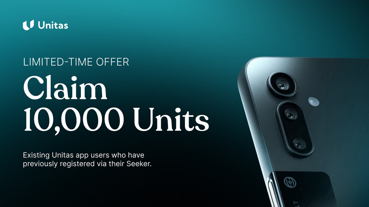 UnitasLabs's tweet photo. 1/ Unitas x @solanamobile Phase 2 is live.

Existing Unitas app users who registered via Seeker can now claim their 10,000 Units.

Details below. https://t.co/owUmL488y2
