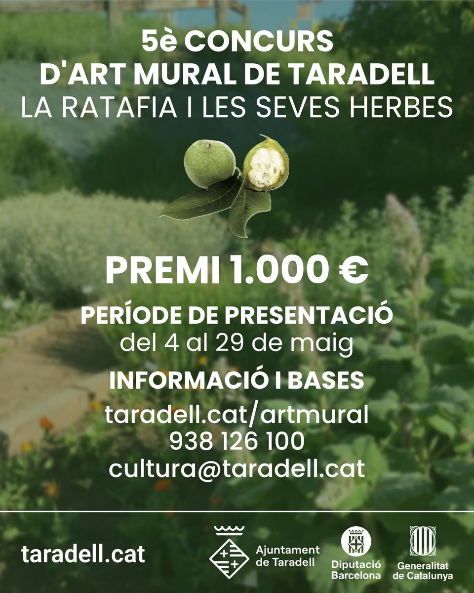AjTaradell's tweet photo. Publicades les bases del Concurs d'Art Mural 2026! Amb 1.000 € de premi, enguany el tema gira entorn de la ratafia. Del 4 al 29 de maig es poden presentar les propostes per embellir un racó de #Taradell amb un element de #patrimoni! Més informació a https://t.co/fBDAaLvUiu. https://t.co/ySZwWLz49I
