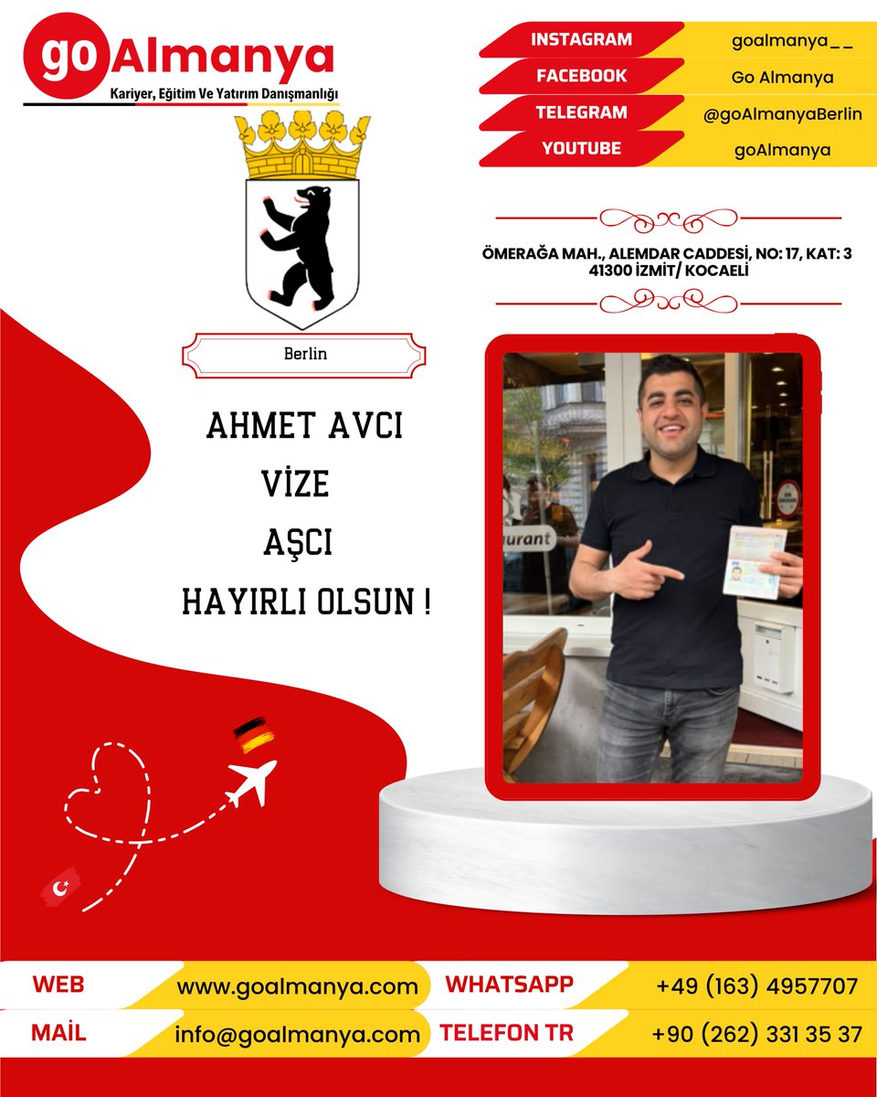 goAlmanya_'s tweet photo. 🇹🇷🇩🇪🎉go Almanya olarak, Ahmet Avcı beyin Aşçı olarak çalışma vizesini aldık.
🟢WhatsApp: +49 163 4957707
🔵Facebook: Go Almanya
🟣Instagram: goalmanya__
 #göç  #bluecard  #almanyacalisma  #vize  #denklik  #iş #almanyayaşam #AlmanyaDenklik #yurtdışıiş #yurtdışı #almanyavize https://t.co/S4678QYyNA