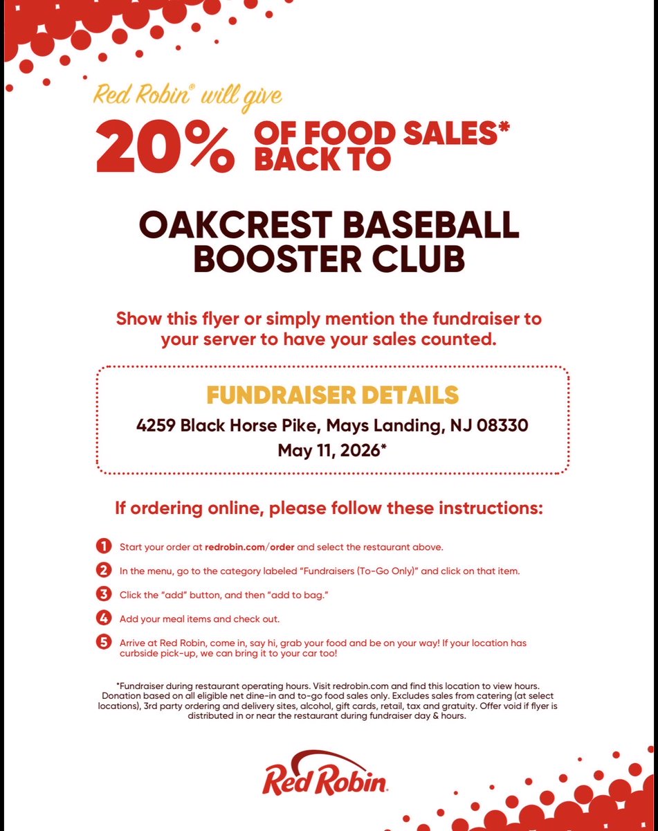 OakBaseball2026's tweet photo. Get dinner out May 11th at Red Robin and help support the Oakcrest Baseball Team. We greatly appreciate it! Spread the word! https://t.co/N2HbXHdn0n