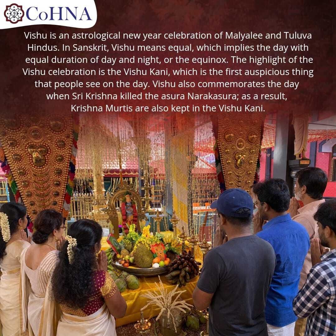 CoHNAOfficial's tweet photo. Observed by Malayali Hindus & Tuluvas in the Indian states of Kerala, Tamil Nadu and Karnataka, the festival of Vishu marks the first day of Medam which is the ninth month of the solar calendar, Vishu also marks the beginning of spring and celebrates an abundant harvest.

The most significant event of the day is the sighting of the Vishu kani during dawn, which is believed to bring luck throughout the year. In Malayalam, the word 'kani' means 'that which is seen first', hence, 'Vishukkani' means 'that which is seen first on Vishu'. Vishu Sadhya (feast) is a major part of the festival when vegetarian food is prepared. Vishu Kanji (porridge), Thoran and Payasam (pudding) are essential items of the feast.

#vishu  #keralatradition  #happyvishu #tulu  #tuluvas  #hindufestival #hinduculture #cohna