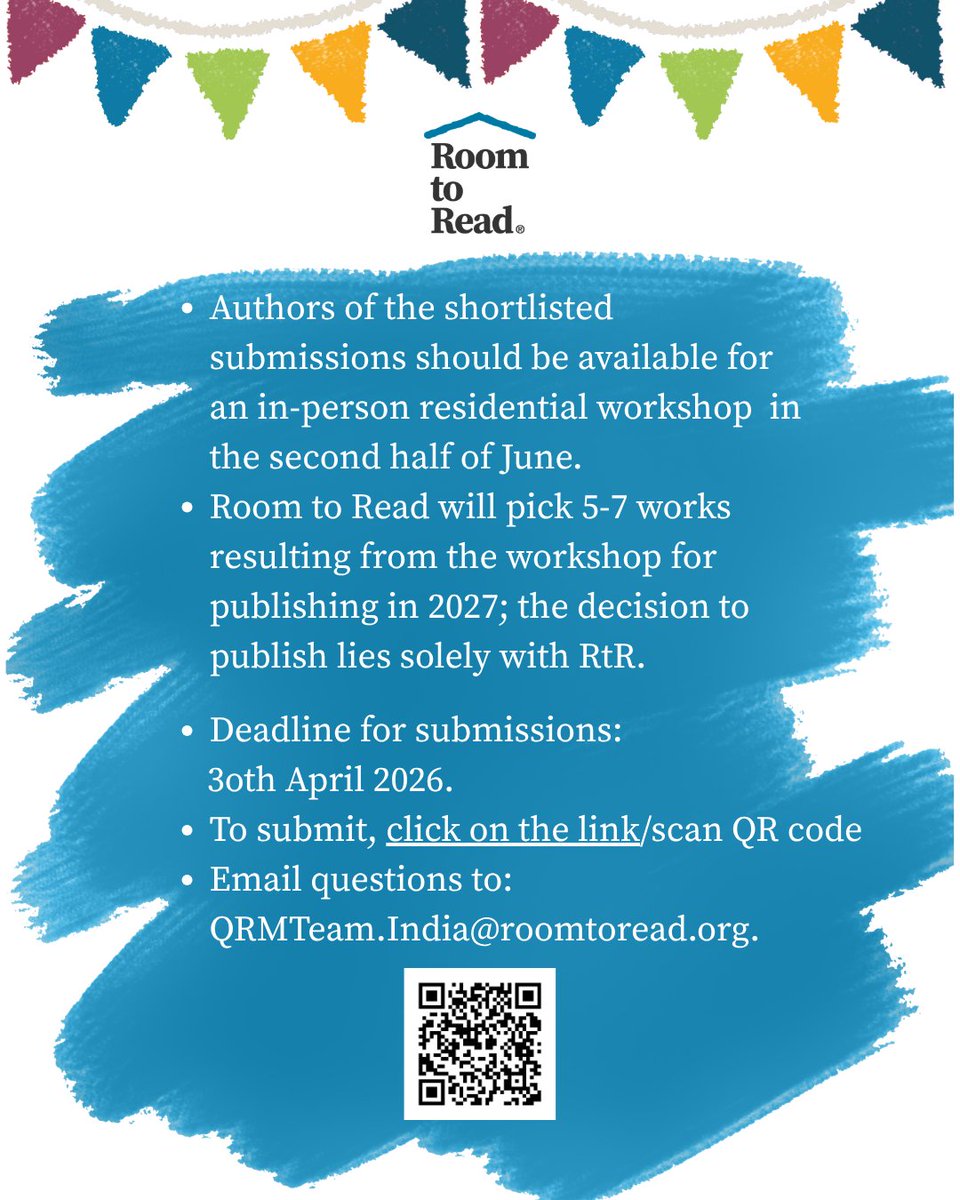 Calling all children's book authors writing in Hindi, Marathi, Kannada, or Telugu! Shortlisted authors will join an in-person workshop in June, and the finalized 5–7 stories will be published in 2027 by Room to Read India.
Click for submissions: forms.gle/Cqs4VZYccNaBAa…