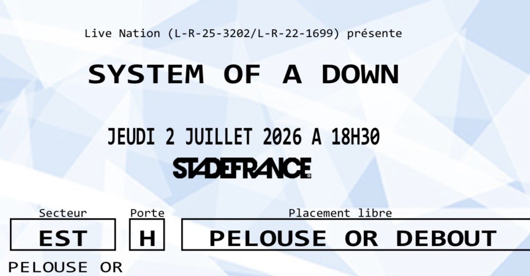 nicoasimp's tweet image. ! SYSTEM OF A DOWN !!
Je revends une place 
PELOUSE CARRÉ OR pour le 
2 JUILLET au STADE DE FRANCE 

199€

DM OUVERTS

I SELL ONE TICKET GOLD SQUARE FOR JULY 2nd STADE DE FRANCE

DM OPENS 

#systemofadown #soad #revente #vente #resell #concert #paris #place