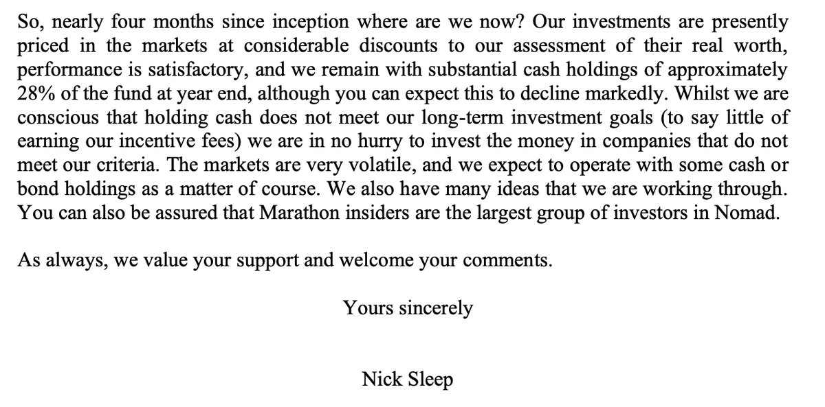 Nick Sleep on holding cash

"Whilst we are conscious that holding cash does not meet our long term investment goals, we are in no hurry to invest the money in companies that do not meet our criteria."