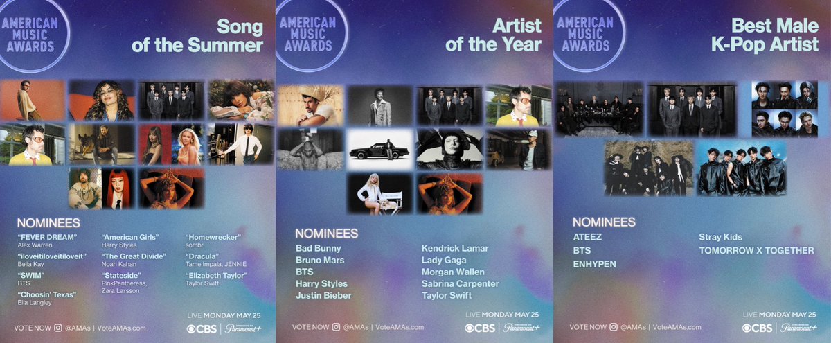 jnfication's tweet photo. — #BTS ha sido nominado en los American Music Awards de 2026 en las siguientes categorías. 🎀

📍Artist of the Year - BTS
📍Song of the Summer - "SWIM"
📍Best Male Kpop Artist - BTS

CONGRATULATIONS BTS https://t.co/DONwfiKrB7