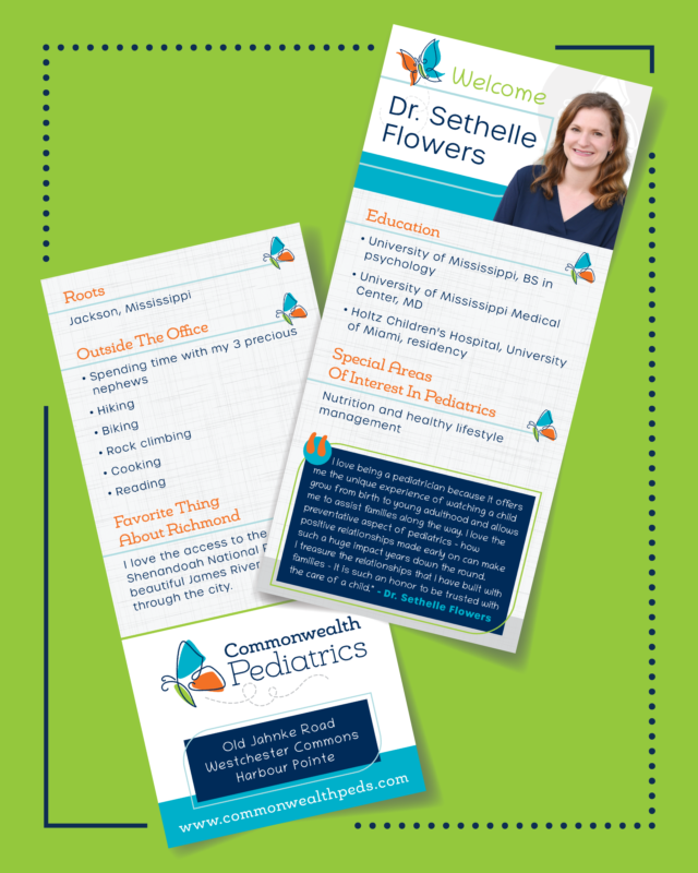 VaCreativeGroup's tweet photo. A fresh, customized brand identity for caring providers who bring big smiles to little faces. 🦋 Bright colors, playful design, unique style — all implemented to welcome parents and children alike to a safe, fun space where their healthcare is made a top priority. 💚 https://t.co/69EETvL0vk