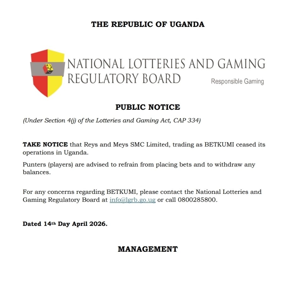 lgrb_uganda's tweet image. 📣 PUBLIC NOTICE

Please be informed that Reys and Meys SMC Limited, trading as BETKUMI ceased operations in Uganda.

@lgrb_uganda advises punters or players to refrain from placing bets and withdraw all balances. 

For any concerns regarding BETKUMI, please contact the National