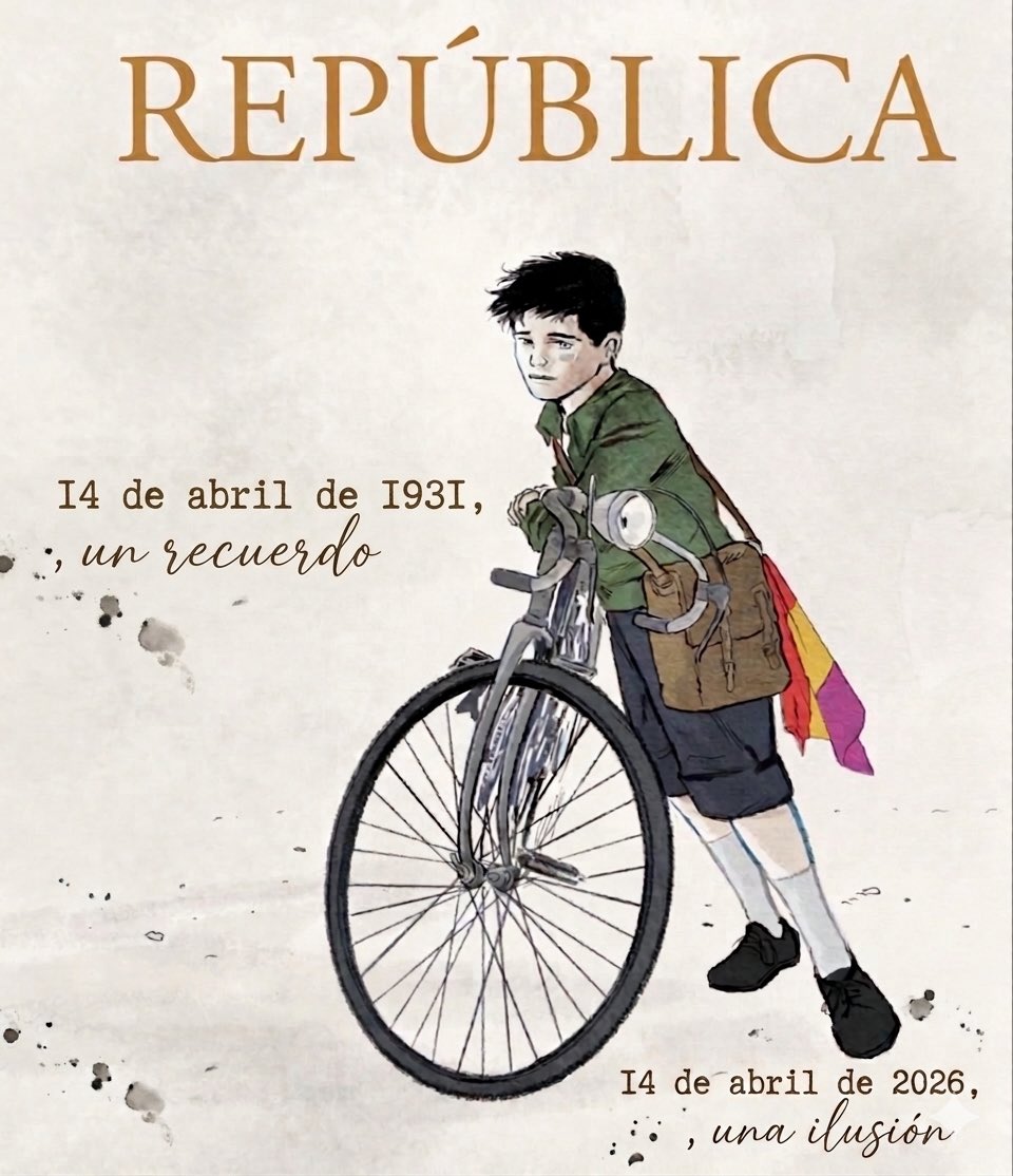 Para el 14 de abril 2026, he tenido la desfachatez de usar la portada de la excelente novela gráfica “República” de Claudio Stassi. Me encanta el triste ensimismamiento del chaval apoyado en su bici, con su pequeña bandera tricolor anudada en su mochila de colegial.
#14deabril