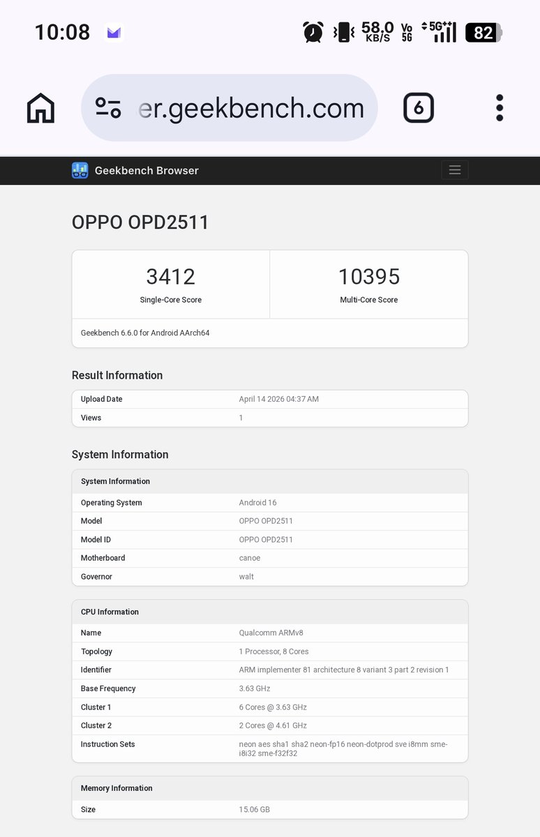 VenomsTech's tweet image. OPPO Pad 5 Pro (OPD2511) is coming in hot 
Powered by a top-tier Qualcomm chipset:

 Snapdragon 8 Elite Gen 5
• 2× cores @ 4.61 GHz
• 6× cores @ 3.63 GHz
 Adreno 840 GPU
🟢 Android 16
16GB RAM

Geekbench scores: Leaked
⚡ 3,412 (Single-core)
⚡ 10,395 (Multi-core)

Source