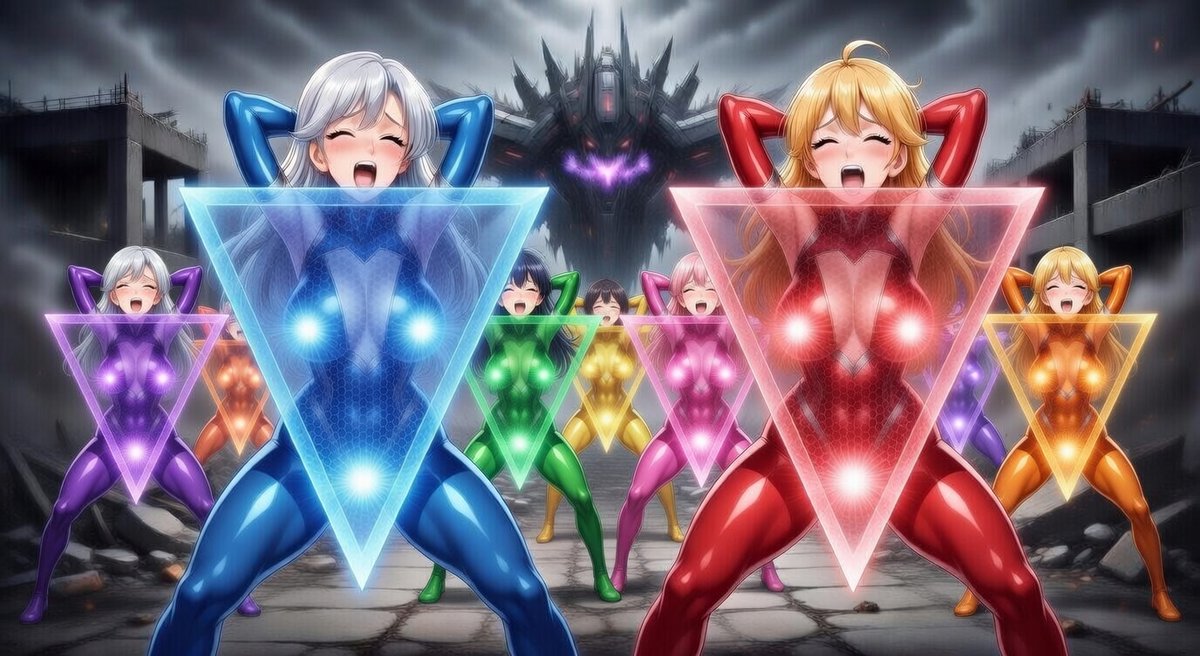 AIを使ってネタ出しシリーズ📖

悪の宇宙生命体が地球へ侵略しに来た。
正義のヒロイン達が迎撃に向かったが、あっさりと返り討ちにされてしまい、乳首とクリにシールド発生リングをはめられたヒロイン達は、３点責めの快感に喘ぐ侵略者達の奴隷盾兵にされてしまった……。