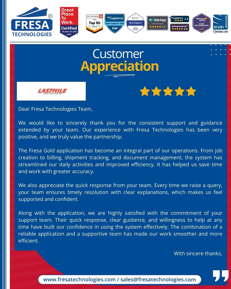 fresatechnology's tweet image. We are deeply grateful to Lastmile for their kind appreciation letter fresatechnologies.com/clients-feedba… acknowledging our prompt solutions.🤝

🚀 Future of Freight Intelligence with Fresa Gold Voice Support! 
chatgpt.com/g/g-69d0f9be4d…

#FresaTechnologies #FreightSolutions #FreightForwarding