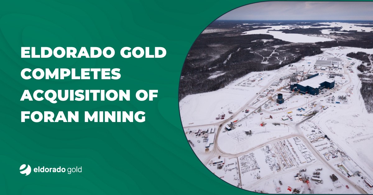 Eldorado_Gold's tweet photo. Today, we are pleased to announce the completion of Eldorado’s acquisition of all of the outstanding shares of Foran pursuant to a plan of arrangement.

For more information about the transaction, including details for Foran shareholders, visit: https://t.co/D7Ws6AvZvT

Read the full news release: https://t.co/OIzRoLL7VX

#BreakingNewGround #Mining #GoldMining #CopperMining #Gold #Copper #CriticalMinerals #Growth #Canada