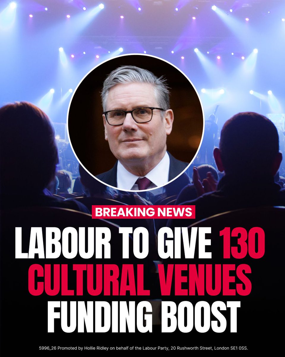UKLabour's tweet image. This country has the best arts industry in the world, but without protection its future is at risk. 

As part of the Arts Everywhere Fund, this Labour Government is giving funding to 130 cultural venues, local museums, and libraries to ensure that everyone can access arts in