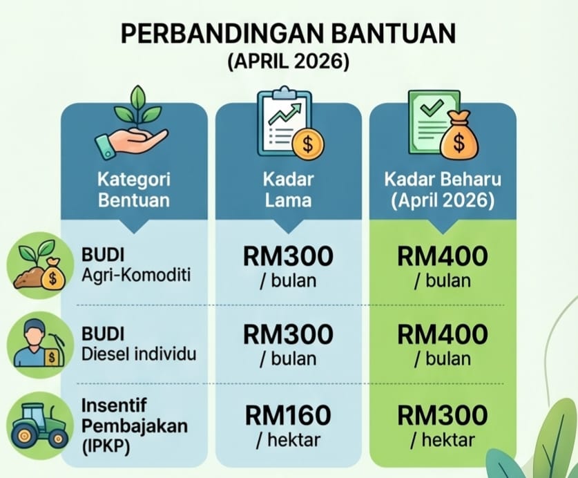 FaktaBukanAuta's tweet photo. [TERKINI] 

Bantuan tambahan untuk kurangkan beban akibat krisis tenaga global -

🌾 Insentif Pembajakan naik daripada RM160 kepada RM300 sehektar.

⛽ Bantuan BUDI Agri-Komoditi dan BUDI Diesel Individu naik daripada RM300 kepada RM400 sebulan.

📅 Bayaran akan disalurkan pada Selasa, 21 April 2026.