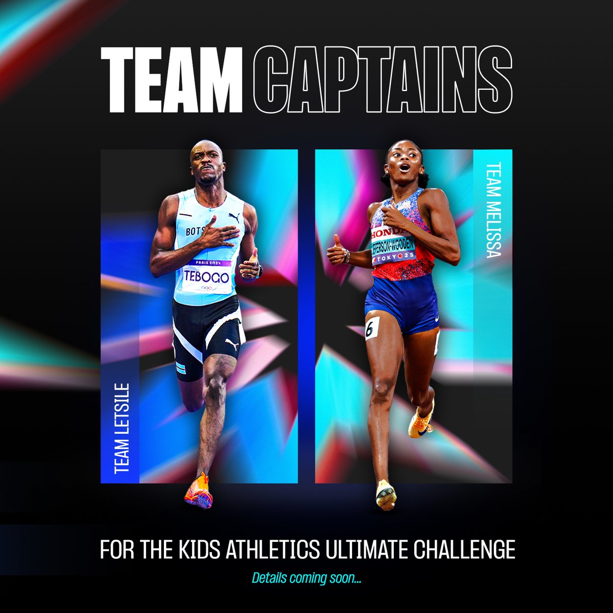 WorldAthletics's tweet photo. Global sprint stars @Melissajanae21 and @tebogo_letsile_ have been named Ultimate Stars for the #WorldAthleticsUltimate Championship in Budapest (11–13 September) 🤩 

With 150 days to go, both will also serve as team captains for the Kids’ Athletics Ultimate Challenge 🙌

🔗 https://t.co/mCe4DeM5sD