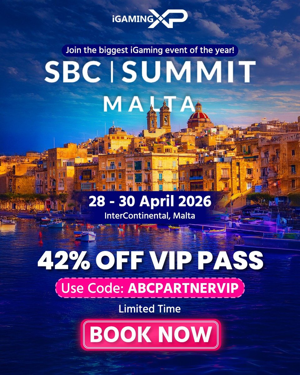 Igaming_XP's tweet image. Secure your spot at the SBC Summit Malta with an exclusive 42% discount using code ABCPARTNERVIP 🇲alt🇲🇹🎰🎟️✨
.
.
.
.
#SBCSummitMalta #iGaming2026 #MaltaEvents #GamingIndustry #SBC2026