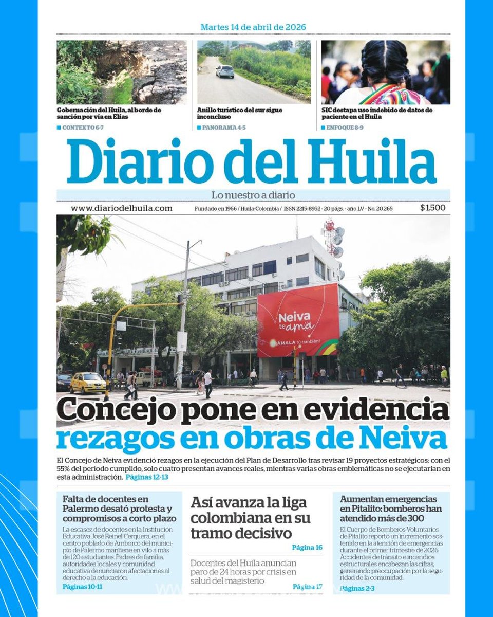 diariodelhuila's tweet image. #DH 📰✨ ¡Arranca el día bien informado con la portada y contraportada del Diario del Huila! 🌞📖

¡Buenos días, lectores! ☀️ Te compartimos la portada y la contraportada del Diario del Huila 🗞️ para este martes 14 de abril, con los temas más relevantes que marcan la actualidad