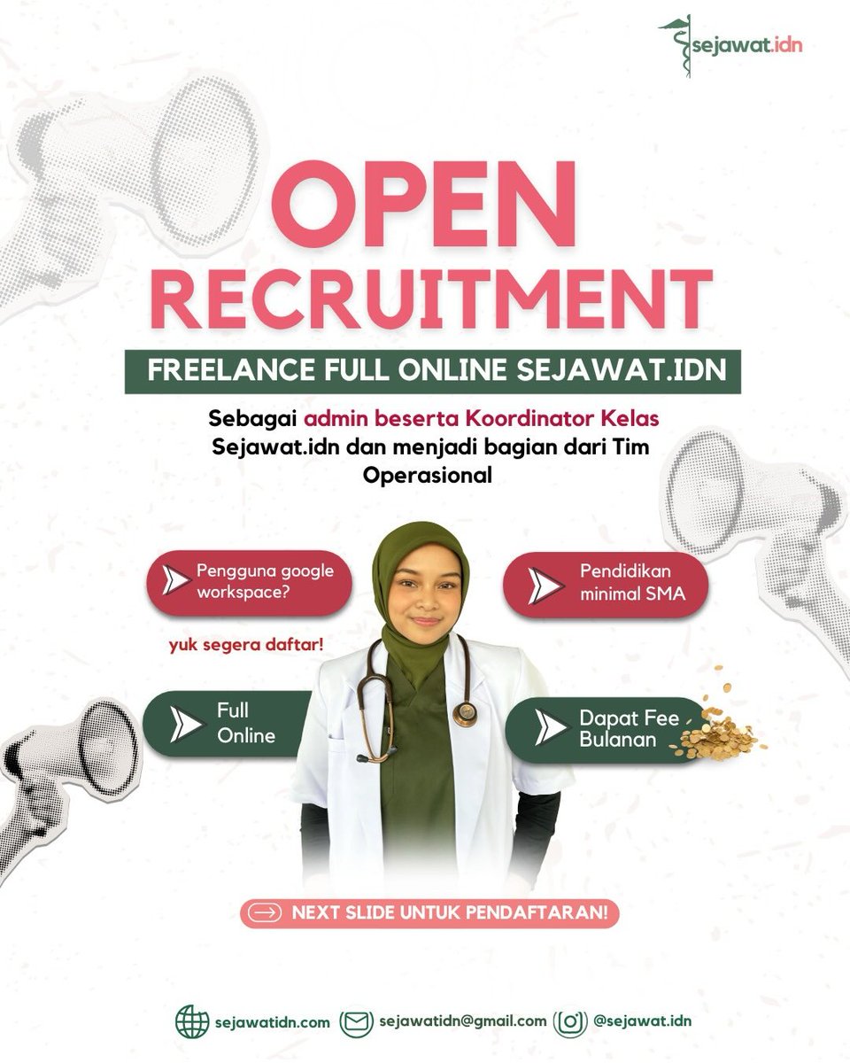 sejawat_idn's tweet image. [OPEN RECRUITMENT ADMIN &amp;amp; OPERASIONAL SEJAWAT.IDN 🤩]

DIBUKA pendaftaran admin operasional Sejawat.idn
✨ Kerja full online + Fee setiap bulan ✨

Mohon untuk mengirimkan CV terbarunya ke sejawat.idn@gmail.com

#loker #kerjaremote #remoteworking #admin