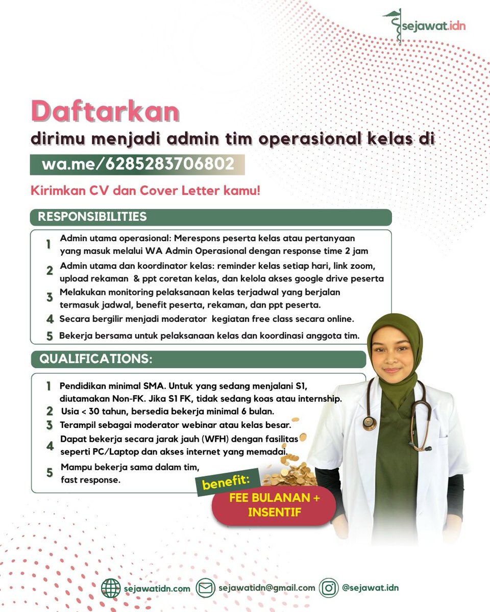 sejawat_idn's tweet image. [OPEN RECRUITMENT ADMIN &amp;amp; OPERASIONAL SEJAWAT.IDN 🤩]

DIBUKA pendaftaran admin operasional Sejawat.idn
✨ Kerja full online + Fee setiap bulan ✨

Mohon untuk mengirimkan CV terbarunya ke sejawat.idn@gmail.com

#loker #kerjaremote #remoteworking #admin