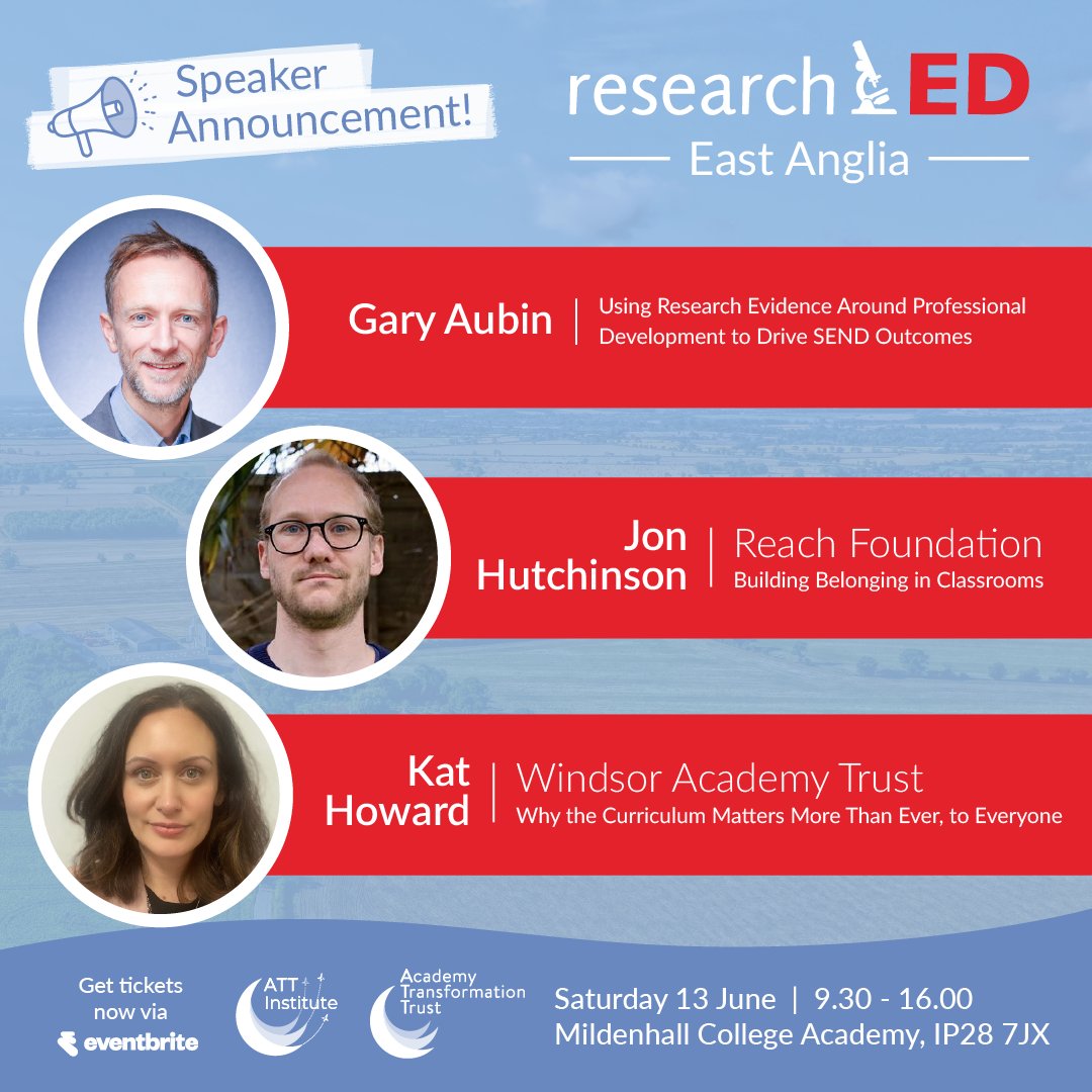 ATTInstitute's tweet image. We’re SO excited to begin sharing the brilliant voices joining us at #rEDEastAnglia on 13 June! 🤩✈️
Book your tickets now &amp;amp; share in the expertise of @SENDMattersUK, @jon_hutchinson_ &amp;amp; @SaysMiss:
tinyurl.com/mryr325c
Watch this space for more! 👀
#TransformingPD #researchED