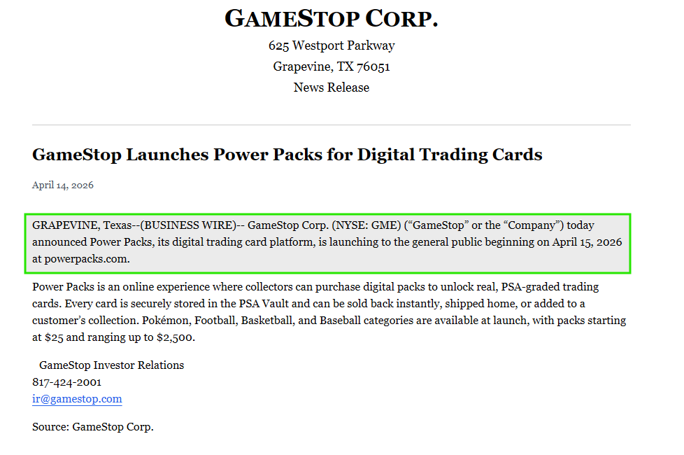 BREAKING: GameStop Corp. announces Power Packs will launch to the general public on April 15, 2026 in official Investor Relations statement 🚨🚨🚨 $GME