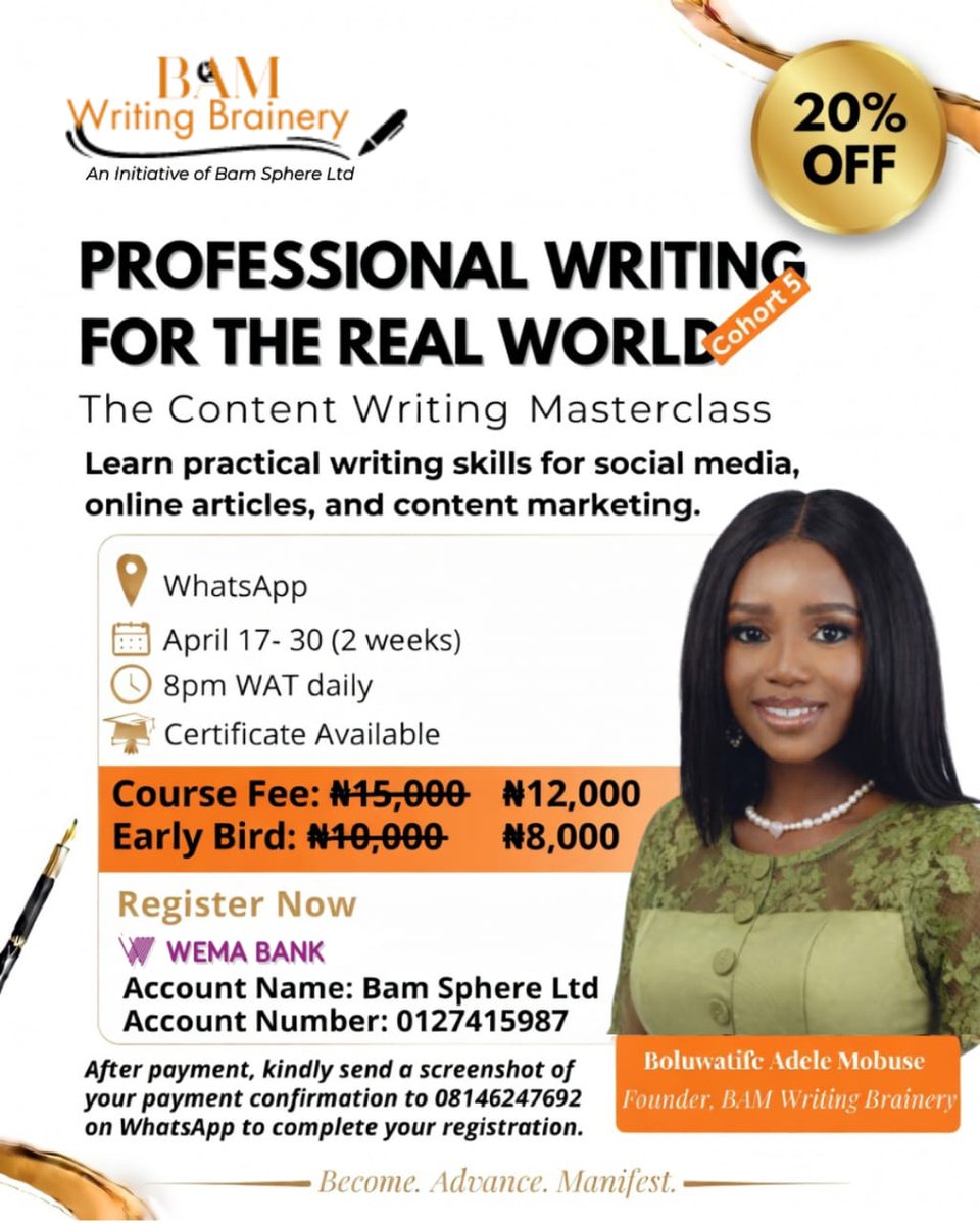 Bam_Sphere_Ltd's tweet image. Most people are not bad writers. They just never learned how to write for the real world.

That is exactly what Cohort 5 of the Bam Writing Brainery Content Writing Masterclass is here to fix.

#Writing #Discount #Training #Students #BamWritingBrainery