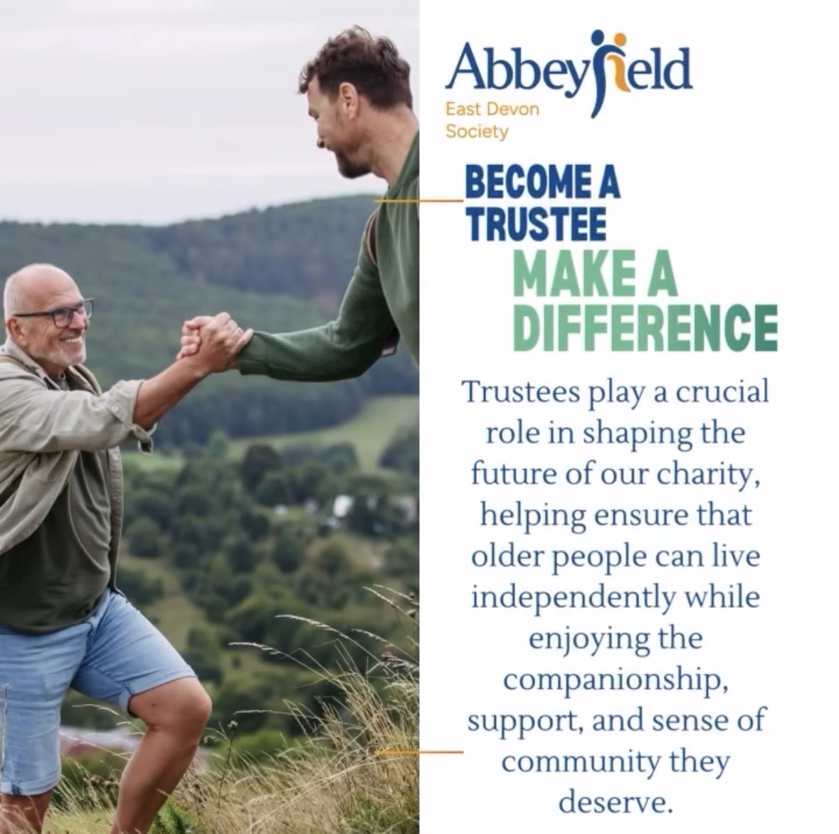 Abbeyfield_ENG's tweet image. Want to make a real difference locally?
Abbeyfield East Devon is currently seeking friendly, motivated individuals to join its Board of Trustees 💙🧡

📩 Get in touch:
admin@abbeyfieldeastdevon.co.uk
#MakeADifference #AbbeyfieldEastDevon #Volunteering #Devon #Somerset