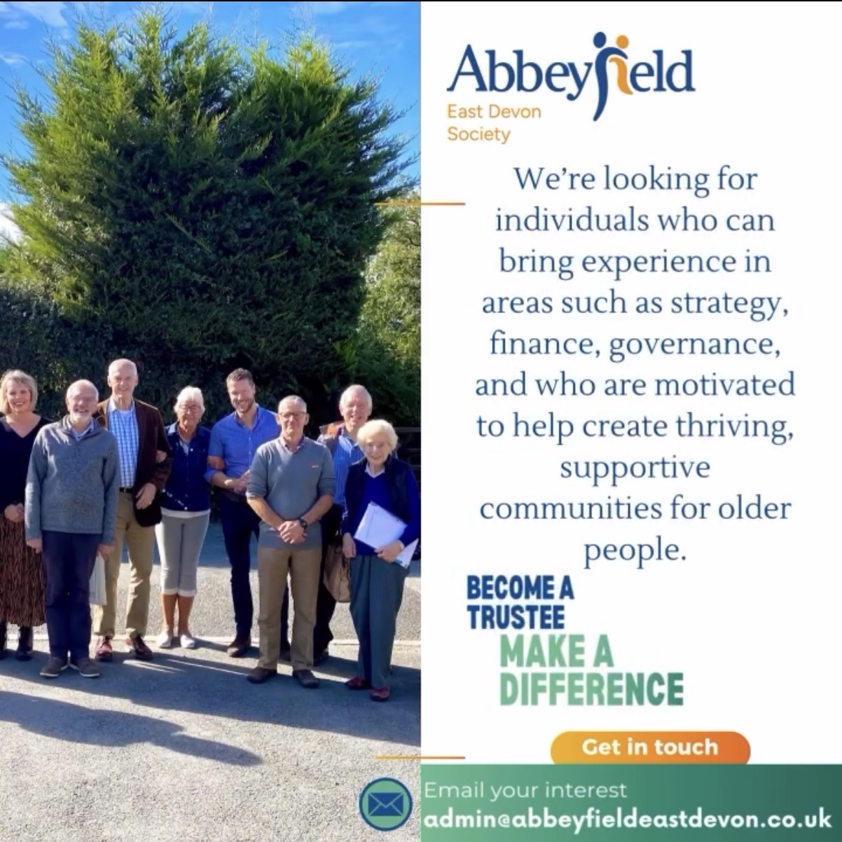 Abbeyfield_ENG's tweet image. Want to make a real difference locally?
Abbeyfield East Devon is currently seeking friendly, motivated individuals to join its Board of Trustees 💙🧡

📩 Get in touch:
admin@abbeyfieldeastdevon.co.uk
#MakeADifference #AbbeyfieldEastDevon #Volunteering #Devon #Somerset