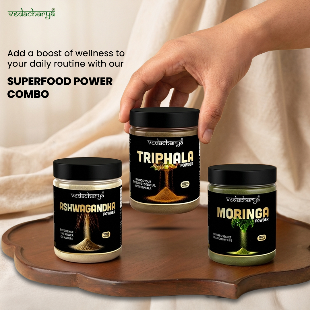 VedacharyaIndia's tweet image. Strong body, better digestion, more energy 💪
All with one powerful combo 🌿

Order Now:-shorturl.at/N0v34 or 📷 08448223355!
#superfoodcombo #DailyWellness #ayurvediclifestyle #naturalhealth #healthyliving #ashwagandha #triphala #moringa #HerbalPower #vedacharya