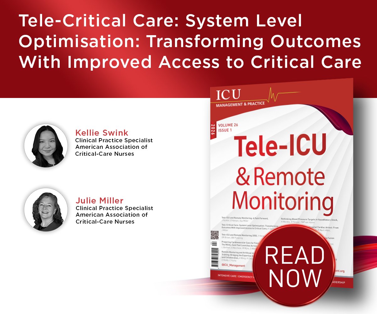 ICU_Management's tweet photo. Tele-critical care functions as core critical care infrastructure, achieving reliable outcomes through intentional leadership, standardised processes, and strong collaboration between virtual and onsite teams. Read more here: https://t.co/ofMyZw8qGg https://t.co/ononJhYdY7