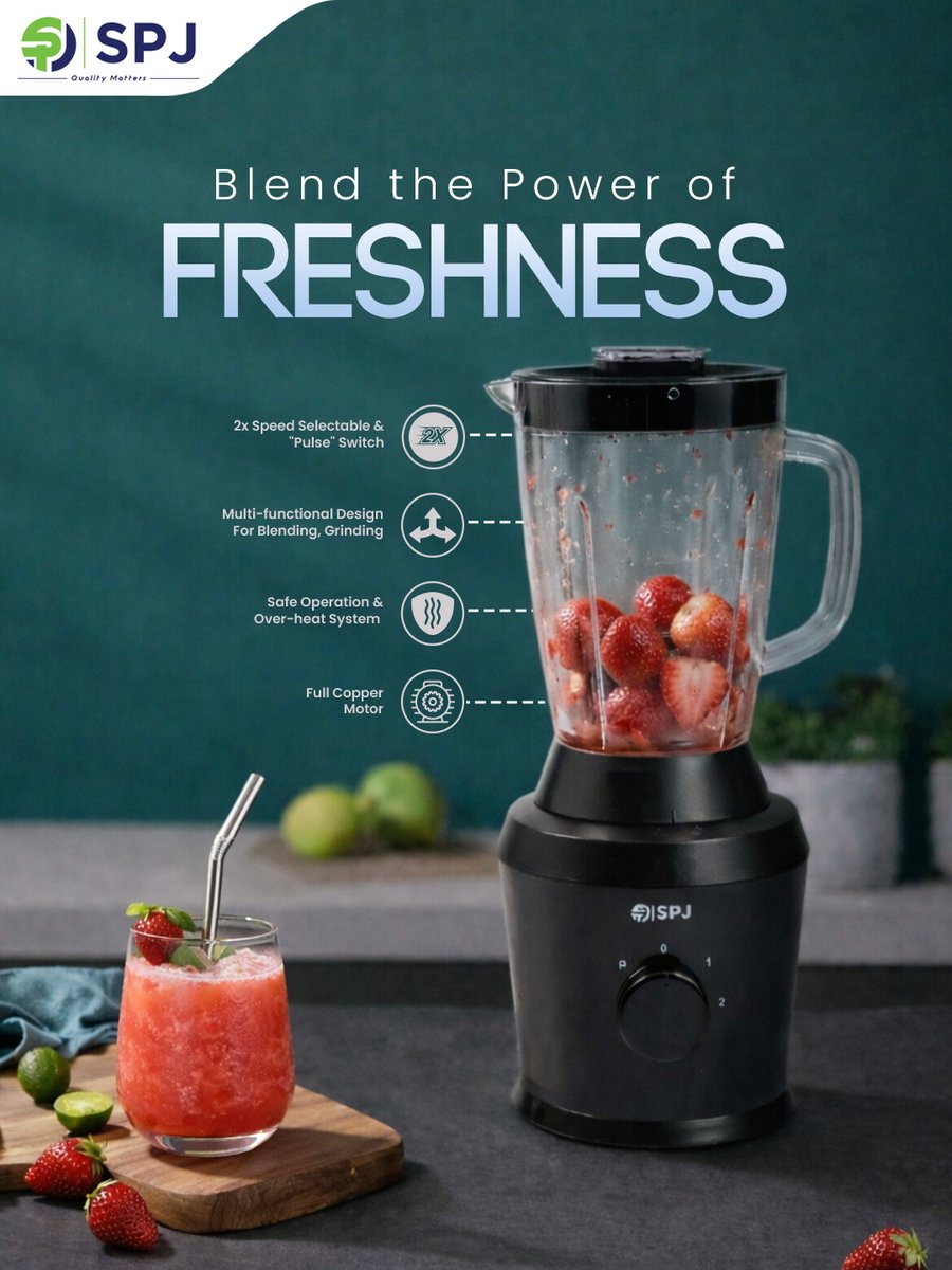 Give your breakfast a glow-up. 🥤💪

Whether you're a "green juice" person or a "strawberry smoothie" person 
The SPJ Blender makes freshness look easy. 

(Pro tip: It grinds spices too!)

#HealthyLiving #SmoothieTime #SPJKitchen #BlenderPower