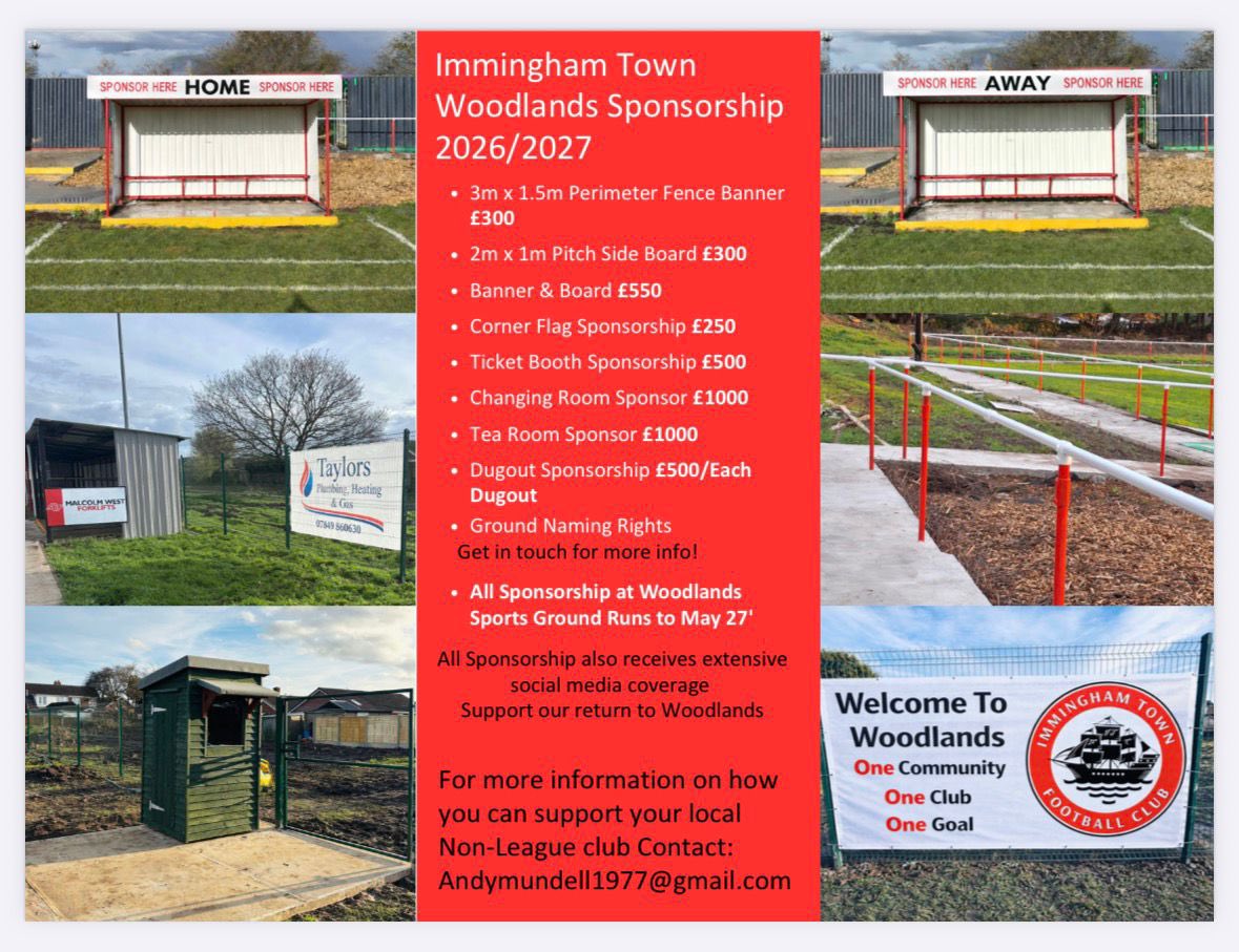 ImmTownfc's tweet image. 🚨 Sponsorship opportunities now open for 2026/27! ⚽  

With our historic ground reopening soon, now’s the perfect time to get your business involved, promote locally &amp;amp; support your club ❤️  

Interested?  
📧 andymundell1977@gmail.com  

#NonLeague #SupportLocal